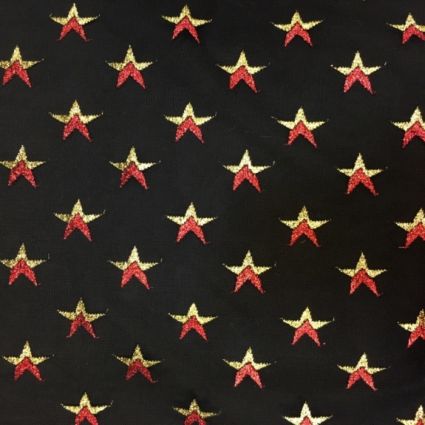 Halloween Fabric Red and Gold Stars on Black Net